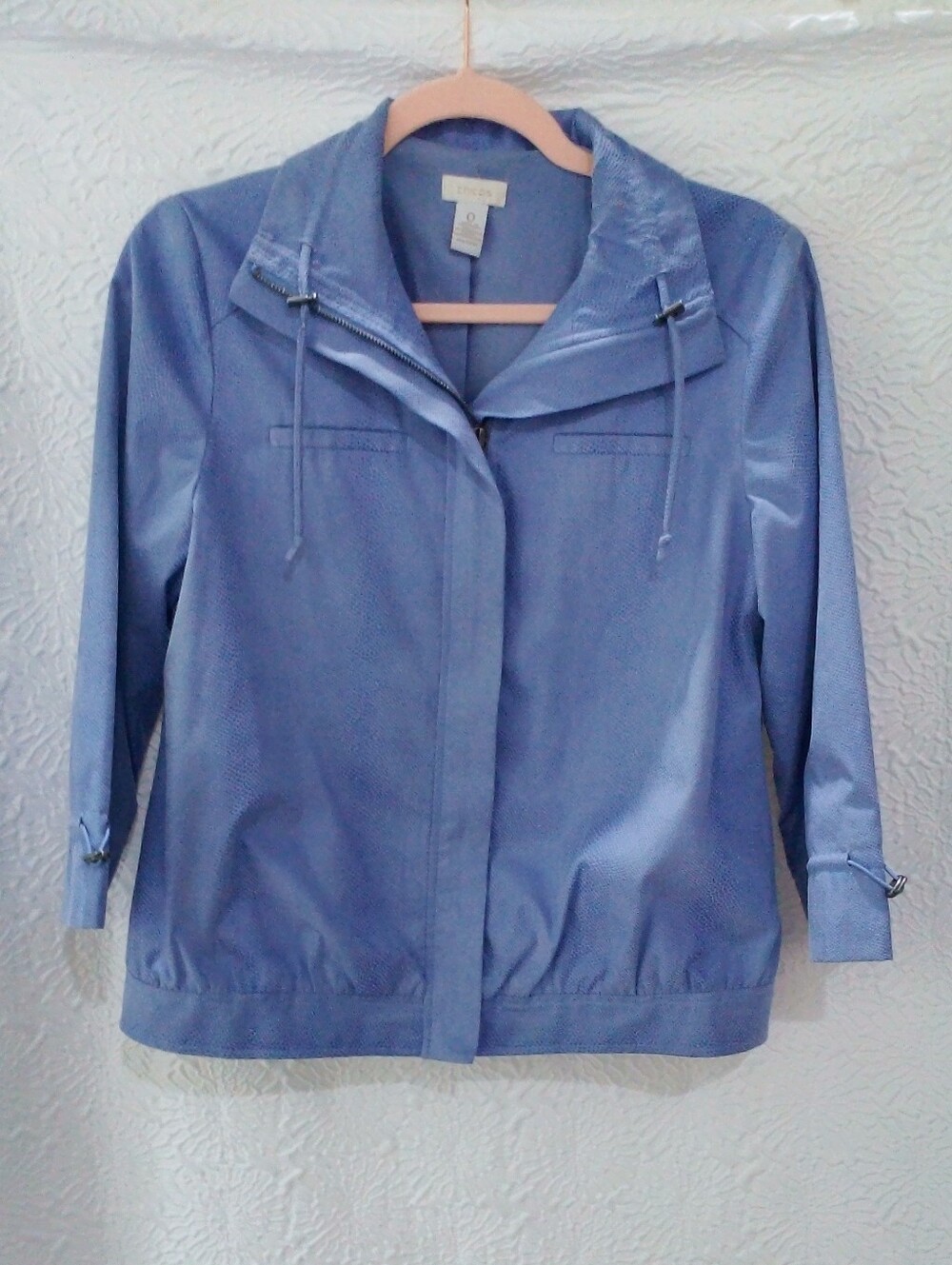 Chico's Periwinkle Blue Full Zip Lightweight Jacket 3/4 Toggle Sleeve Size 0